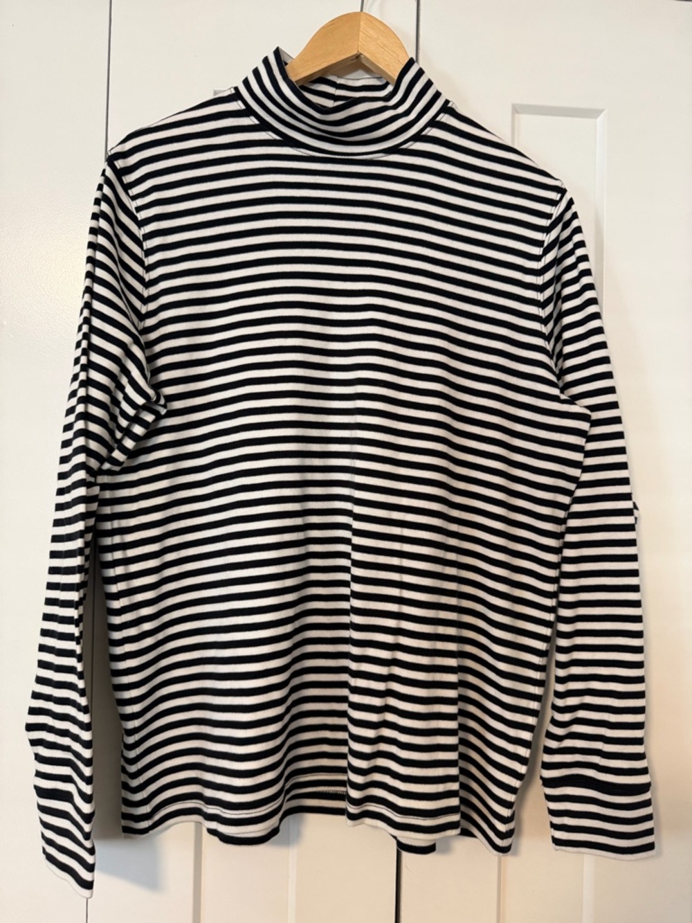Lands' End Black & White Striped Turtleneck Long-Sleeve Top